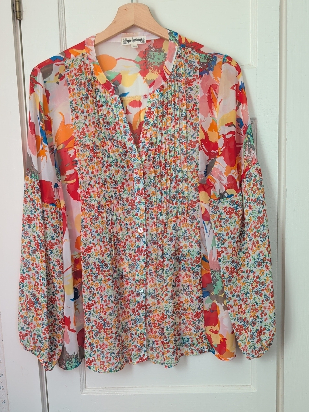 Hope Springs Sheer Blouse Floral Pintuck Button-Front Multi Color Large Boho